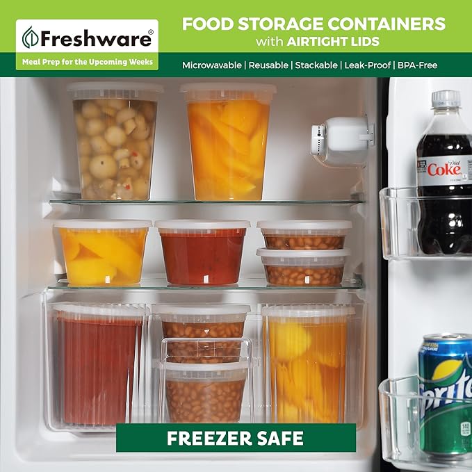 Freshware Food Storage Containers [50 Set] 12 oz Plastic Deli Containers with Lids, Slime, Soup, Meal Prep Containers | BPA Free | Stackable | Leakproof | Microwave/Dishwasher/Freezer Safe