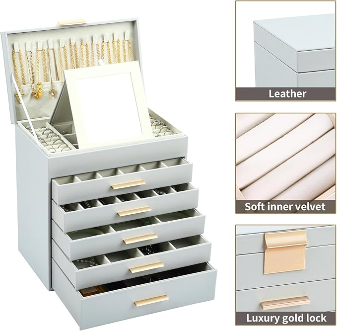 BOOVO Jewelry Box with Necklace Hanger – 6 layer Jewelry Organizer for Women with 5 Drawers, Large Jewelry Storage Boxes –Jewelry Organizers and Storage for Earrings, Necklaces (Grey, 6 layer)