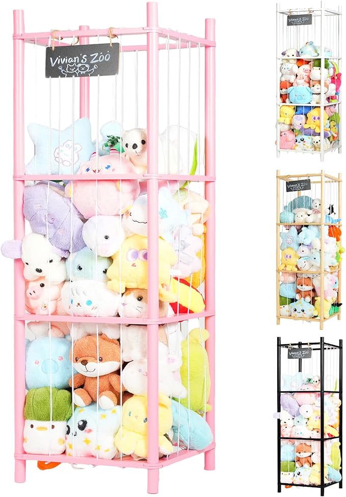 Large Stuffed Animal Storage, Wooden Stuffed Animal Storage Zoo, Toy Holder, Space Saving Toy Zoo for Kidroom, Playroom, Kid’s Gift, Pink