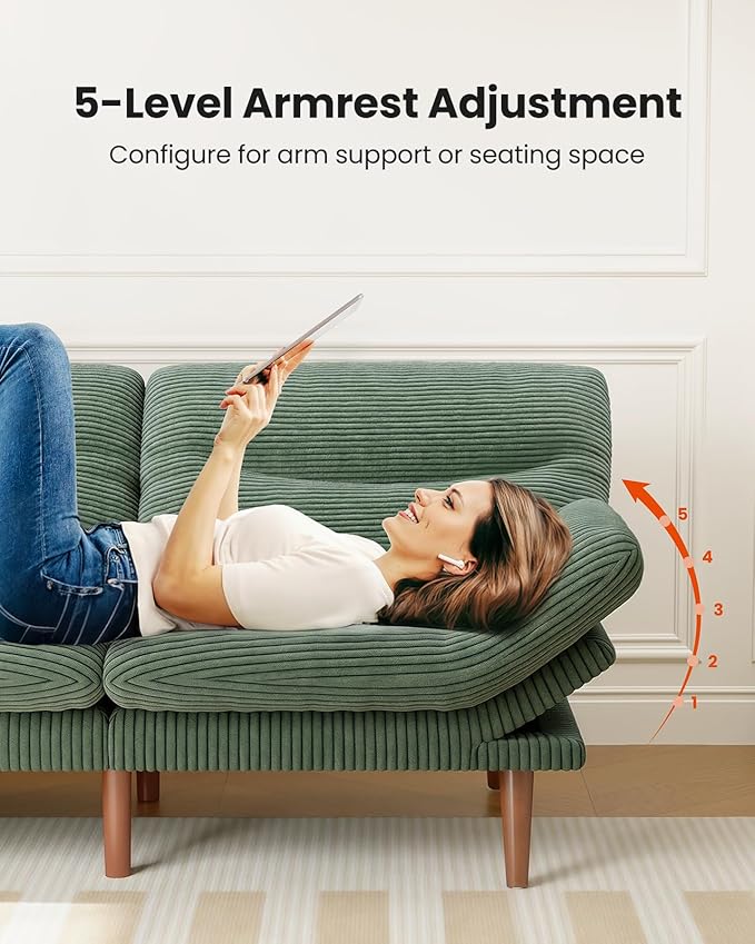 Pipishell Futon Sofa Bed, Modern 66" Futon Couch Convertible to Bed & Lounger, Compact Size, Comfortable Cushions, Durable Construction - Fits Small Spaces, Corduroy (Seaweed Green, 66 Inch)