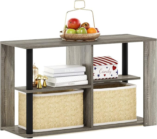 Furinno Romain Narrow End Table with Shelves, French Oak/Black