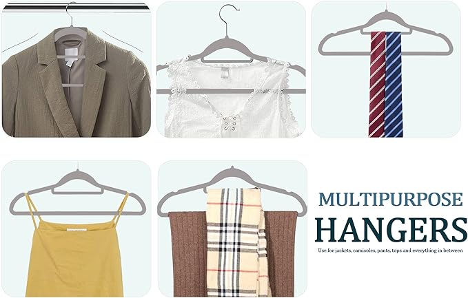 Premium Velvet Hangers, [50 Pack] Non Slip and Heavy Duty Velvet Suit Hangers (45cm) with Tie Bar, 360° Swivel Hooks, Sturdy to Hold Jumper, Pullovers, Jackets & Hoodies (50 Pack, Grey)