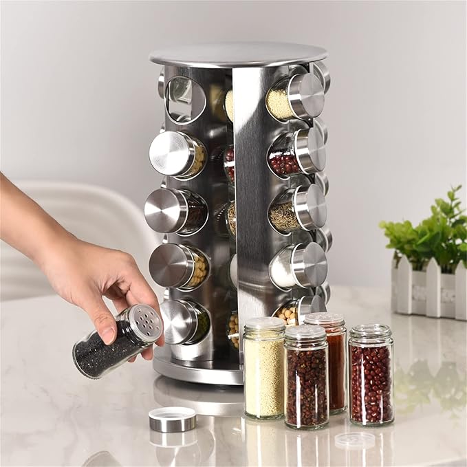 EBIZ&TECH 20-Jar Stainless Steel Rotating Spice Rack with Non-Slip Base - Kitchen Countertop Organizer for Easy Access and Storage of Spice (Sliver)