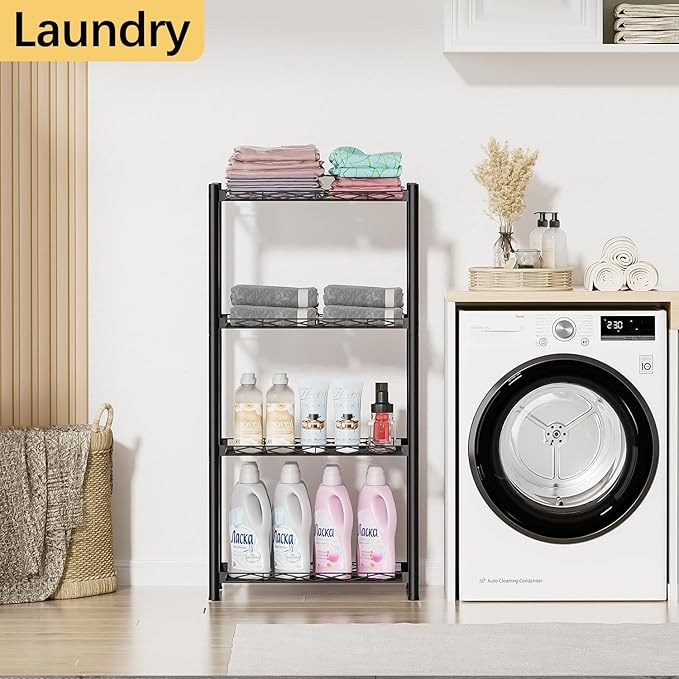 VETALLO 4 Tier Metal Shelving Unit Storage Shelves Rack Utility Small Stand Wire Shelf Cart Organizer for Home Kitchen,Garage,Narrow Pantry,Closet,Laundry,Bathroom(16.6" L x 11.8" W x 40" H)