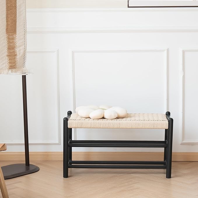 Solid Wood Entryway Bench with Shoe Storage, Rustic Oak Wood and Woven Design 31.5 Inch Long Seating for Living and Dining Rooms, 3-Tier Black