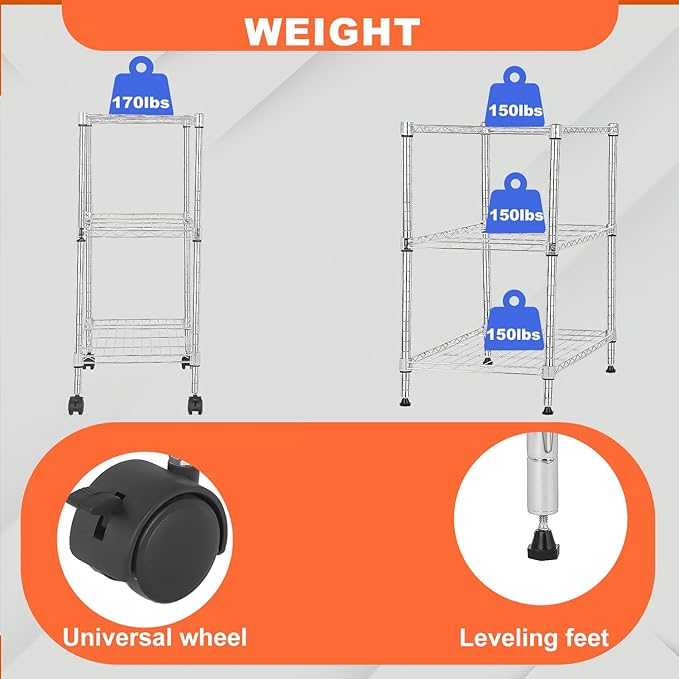 PayLessHere 3-Tier Adjustable Metal Storage Rack with Wheels Mesh Shelving Unit Heavy Duty Storage Shelving Unit,Chrome