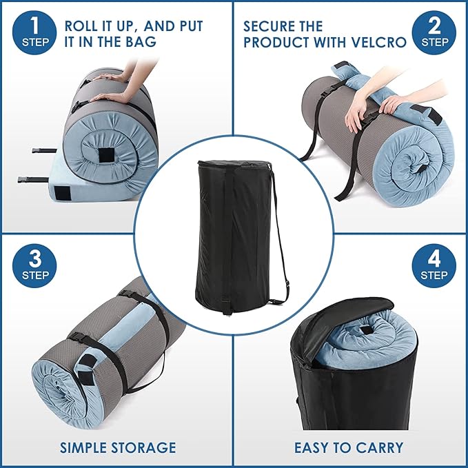 KingChii CertiPUR-US Memory Foam Camping Mattress, Portable Roll Up Travel Car Camping Mattress Sleeping Pad & Floor Mattress, Cot Mattress Guest Bed for Sleepover with Waterproof Cover & Travel Bag