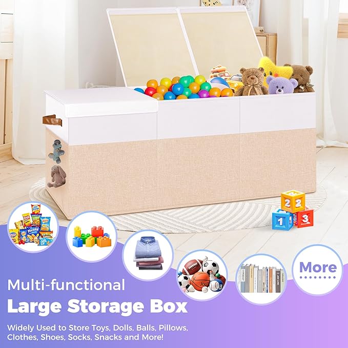 Extra Large Toy Storage Box with Lid, Collapsible Sturdy Toys Chest Storage Organizer Bin Basket with Divider for Kids, Boys, Girls, Closet, Playroom, Bedroom, Nursery, 40"X14"X16", Beige & White