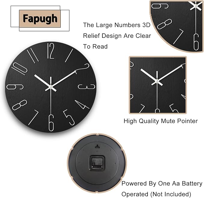Faupugh Wall Clock Battery Powered 12 inch Silent Wall Clock, Exquisite Modern Style Decorative Clock, Suitable for Home, Office, School, Kitchen, Bedroom, Living Room (Black)