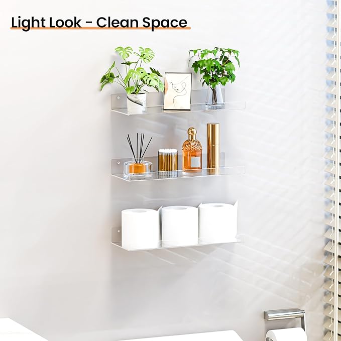 upsimples 4 Pack 15x6 Inches Acrylic Bathroom Shelves for Wall, Floating Bathroom Shelves Over Toilet, Storage Shelf for Toilet Paper, Towels and Toiletries, Clear