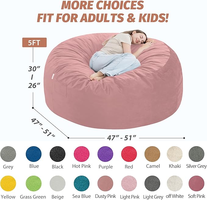 5FT Bean Bag Chair with Ultra Soft Velvet Cover Bean Bag Sofa with Memory Foam Bean Bag Chairs with Large Size Lazy Sofa for Dorm Office Living Room Bedroom Dusty Pink 5'