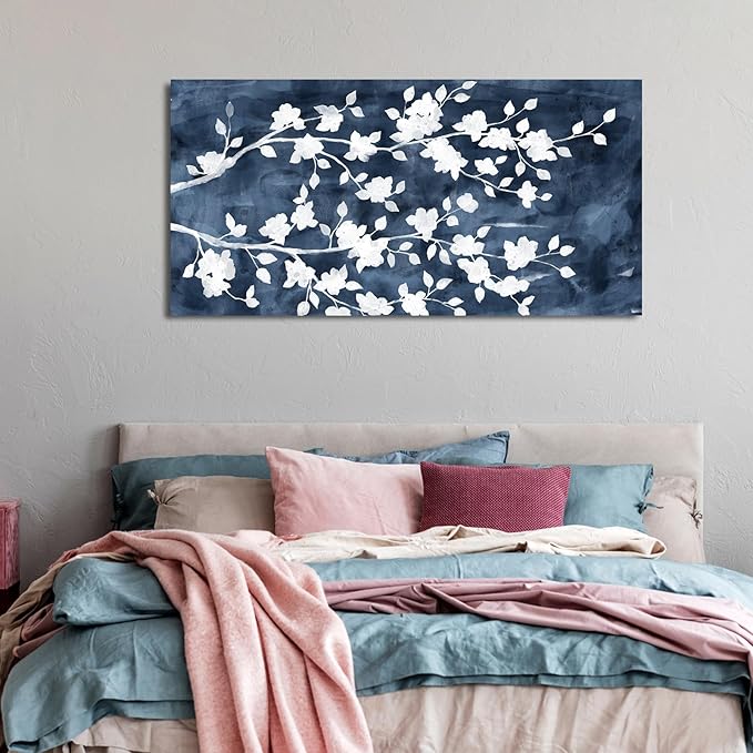 NINEASO Abstract Flowers Canvas Wall Art - Gray White Tree Floral Branches Pictures Wall Decor White Blossom Deep Indigo Blue Background Painting Artwork for Living Room Bedroom Home Decor 24" x 48"