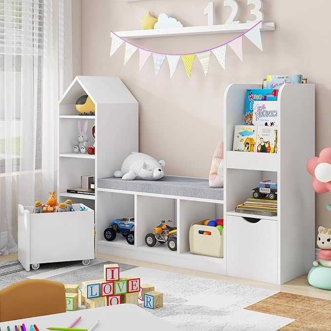 Kids Bookcase and Bookshelf with Reading Nook, Toy Storage Organizer for Kids, White Bookcase with 7 Storage Cubbies 2 Movable Drawers and Seat Cushion for Children's Room, Playroom