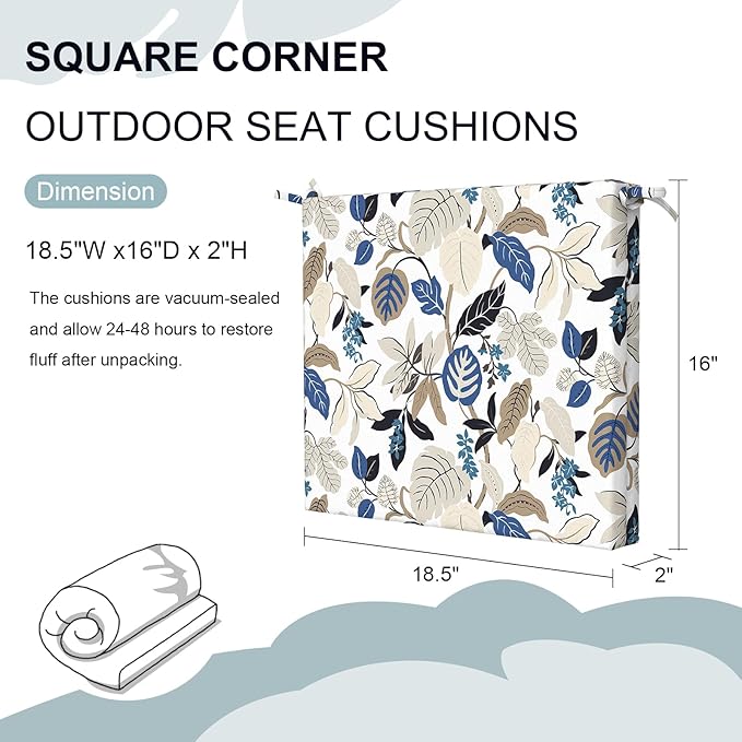 Set of 2 Outdoor Square Chair Cushions 18.5"x16"x2" for Patio, Water Resistant Patio Dining Seat Pads Replacement for Kitchen Garden and Outdoor Furniture Decoration - Breeze Leaves Beige