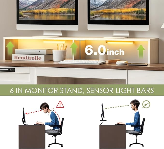 63" Executive Desk, Home Office Desk with Lift Top, Farmhouse Gaming Desk with File Drawer, Charging Station, Sensor Lights Wood Computer Table with Monitor Stand (White)