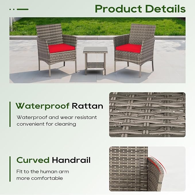 FDW | 3-Piece Patio Furniture Set | Gray & Red | Outdoor Wicker Furniture with Coffee Table | Modern Rattan Chairs Conversation Set | Outdoor Seating | Weather-Resistant | for Porch, Garden, Lawn