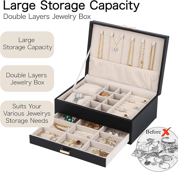 HofferRuffer Jewelry Box with Drawer for Women‌ Girls, Faux Leather Storage Jewelry Organizer Jewelry Case with Two Layers Display for Earrings Rings Necklaces (Black)