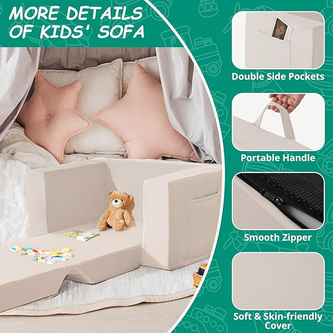 Kids Couch, 2-in-1 Toddler Chair Comfy 1-3 Years, Convertible Kids Chair, Toddler Couch That Fold Out, Kid Lounge Chairs for Boys and Girls, Soft Coral Fleece, Beige