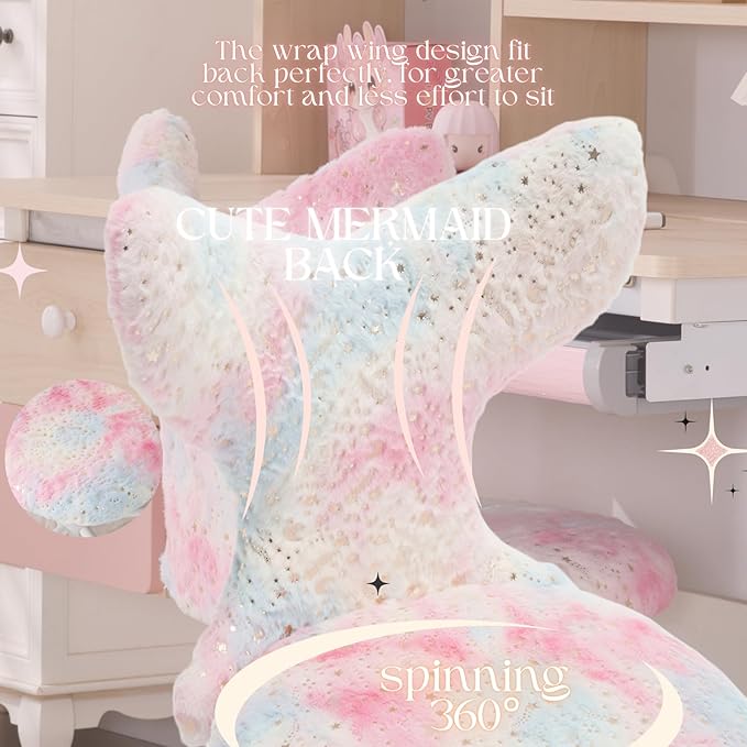 Fuzzy Desk Chair, Cute Swivel Children Desk Chair with Wheels for Kids Bedroom Upholstered Rolling Study Chair Adjustable Computer Chair Mermaid Back Vanity Chair for Teen Girls Boys, Star Colorful