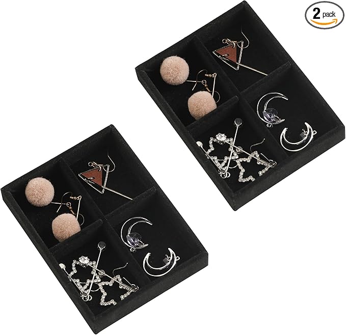 Frebeauty Small Jewelry Tray Set,Stackable Velvet Jewelry Organizer Tray,Mini Jewelry Drawer Organizer,Drawer Inserts,4.92 x 3.74 x 0.9 Inches,4 Grid Earring Organizer for Women(Set 2,Black)