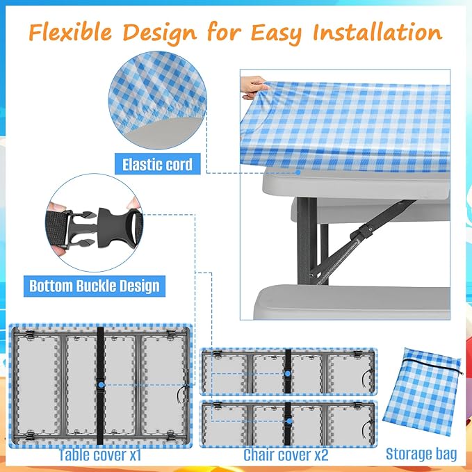 33" L x 20" W x 3" H Bule Grid Picnic Table Cover for Kids, Fitted Tablecloth for Outdoors Oxford Cloth Waterproof Cloth for Camping Home Goods Indoor Outdoor Patio BBQ