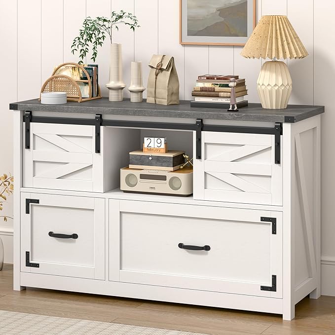 Lateral File Cabinets 2 Drawer with Sliding Barn Doors, Farmhouse Filing Cabinet with 2 Drawer for Home Office，Filing Organization Storage Cabinets for Hanging Files Letter/Legal/F4/A4.(Dark Grey.)
