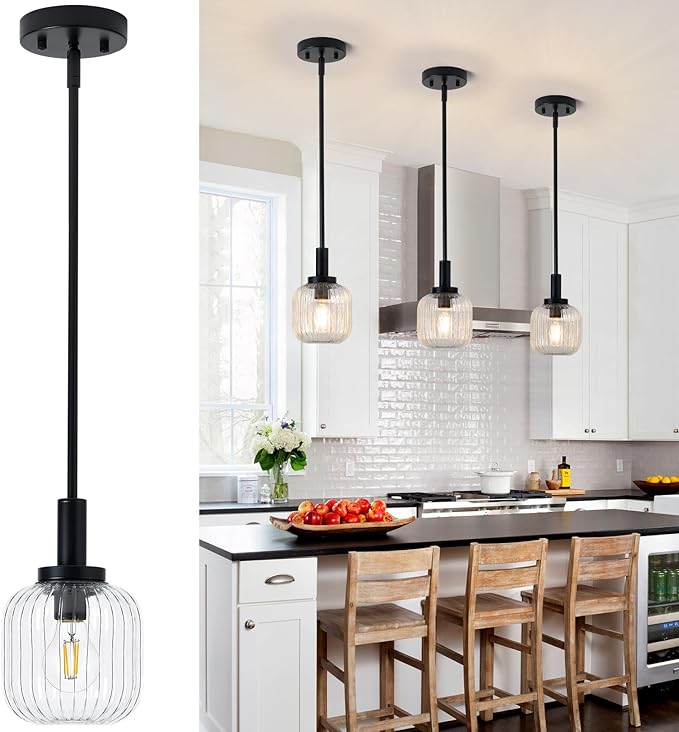 Glass Pendant Lights Kitchen Island, 1-Light 5.9" Black Modern Pendant Light with Clear Glass and Rods, Mini Hanging Lighting for Kitchen Sink Bathroom Bedroom, OS-YQ7749-1PBK