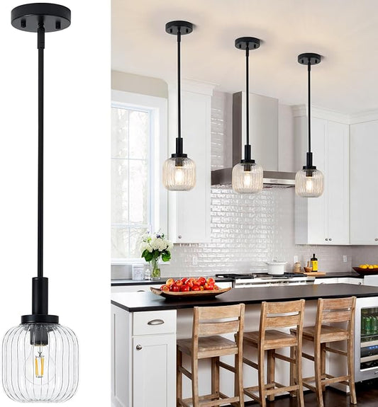 Glass Pendant Lights Kitchen Island, 1-Light 5.9" Black Modern Pendant Light with Clear Glass and Rods, Mini Hanging Lighting for Kitchen Sink Bathroom Bedroom, OS-YQ7749-1PBK