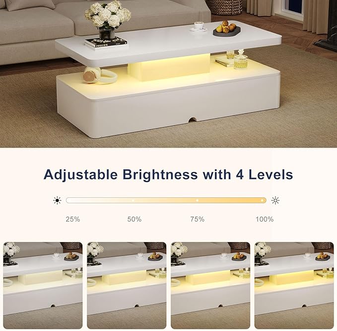 MXV Modern Coffee Table, 40 Inches Coffee Tables with 16 Colors LED Lights, 2 Tier Rectangular Center Table, Large Storage Space, High Glossy Wooden Tea Table for Living Room, Bedroom, Office, White