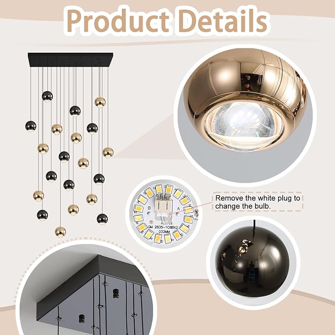 Rectangular Chandelier Crystal Balls Chandeliers Flush Mount Ceiling Light for Dining Room Living Room High Ceiling Chandelier for Staircase Foyer Entryway Black and Gold Chandeliers 2700k-6000k