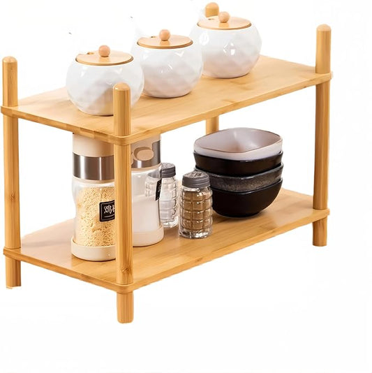 Bamboo Rack | Tool-Free Expandable (2-6 Tiers) | Kitchen Spice Organizer & Office Breakroom Snack/Cup Storage (Natural Bamboo)(Powered by Gogogo) (Natural, 15.6" W(2 Tier))