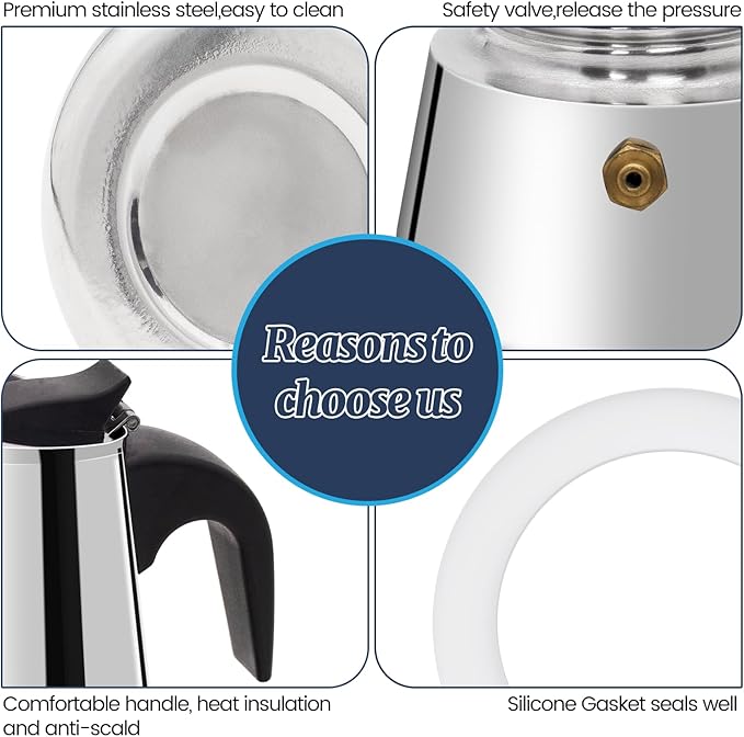 2 Cup Moka Pot Stainless Steel 100ml Italian Espresso Coffee Maker Stovetop CoffeeMakers Mocha Pot Percolator for Induction Stove Classic Cafe Makers Portable for Easy Brewing Tummy