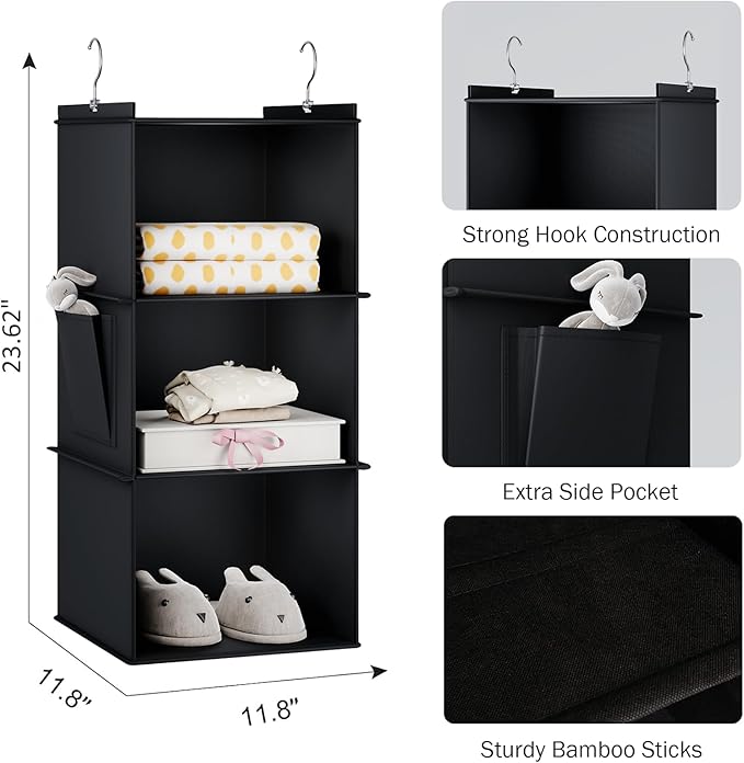 Hanging Closet Organizer, 3-Shelf Closet Hanging Storage Shelves, Black