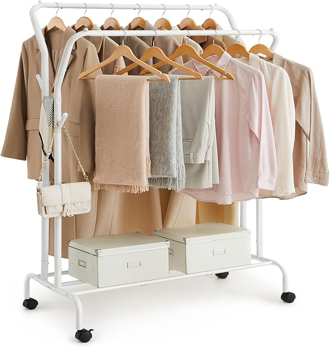 SONGMICS Clothes Rack, Double-Rod Clothing Rack for Hanging Clothes with Wheels, Garment Rack, Metal Frame, 220 lb Max. Total Load, 40.7 Inches Wide, Clothes Storage and Display, White UHSR107W01