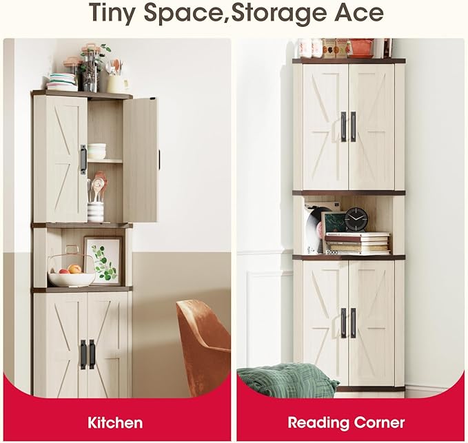 68.5" Tall Farmhouse Corner Cabinet with 4 Doors and 5 Storage Shelves, Farmhouse Storage Cabinet with Barn Door Design, Home Space Saver for Living Room, Kitchen