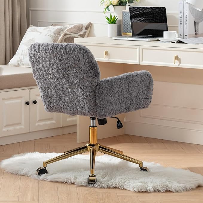 Goujxcy Faux Fur Home Office Chair, Upholstered Elegant Makeup Vanity Chair for Teen Girls Teddy Fabric Swivel Desk Chair, Height Adjustable Leisure Elegant Chair for Home Office (Gray)