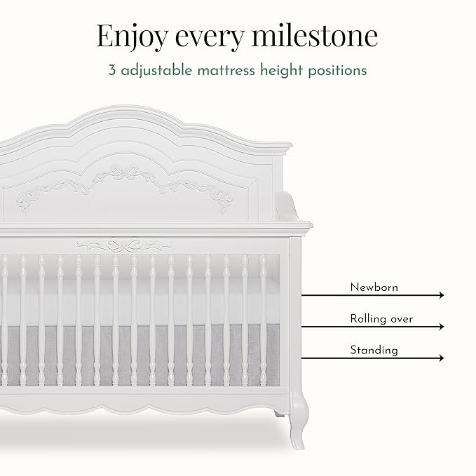 évolur Aurora 5-in-1 Convertible Full-Size Baby Crib in Frost White, GreenGuard Gold & JPMA, 3 Mattress Heights, Ribbon Bow Scrollwork & Queen Anne Feet, Converts to Toddler, Day & Full-Size Bed