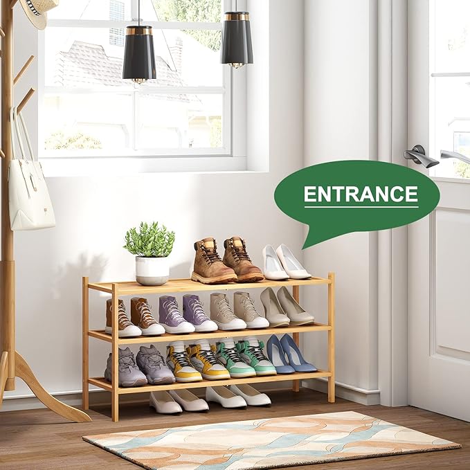 Long Shoe Rack, Bamboo Wood 3-Tier Shoe Rack for Entryway, Stackable | Foldable | Natural, Shoe Organizer for Hallway Closet, Free Standing Shoe Racks for Indoor Outdoor