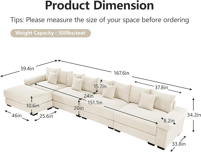 KEIKI 168" L-Shaped Oversized Corduroy Modular Cloud Sectional Sofa with 1 Ottoman, High-Density Foam Cushion, Extra-Thick Armrest, 4-Seater Fluffy Corner Couch with 12 Pillow, for Living Room, Beige
