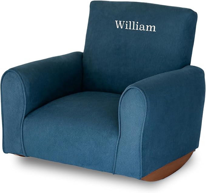 Toddler Personalized Armchair, Kids Upholstered Rocking Chair with Personalization, Toddler Chair with Personalized Name, Comfy Child Armchair, (Navy Suede, Rockers)