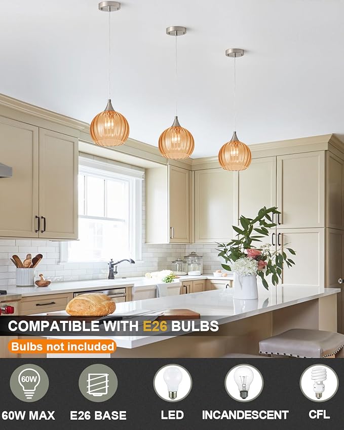 Brushed Nickel Pendant Lights Kitchen Island, Globe Pendant Light Fixtures with 8 Inch Clear Glass Shade, Modern Hanging Light Fixtures for Kitchen, Bedroom (2 Pack - Amber Glass Pendant Light)