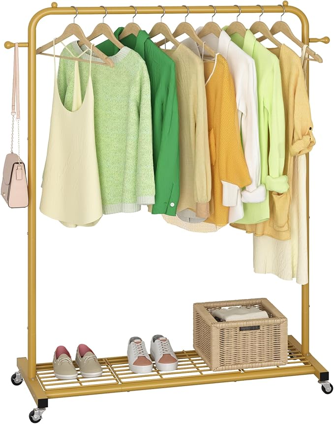 Sywhitta Clothes Rack on wheels, Clothing Rack with Bottom Mesh Storage Shelf,Sturdy Metal Frame,Rolling Garment Rack for Hanging Clothes,Coats,Skirts,39.76" L x 16" W x 64.56" H,Golden