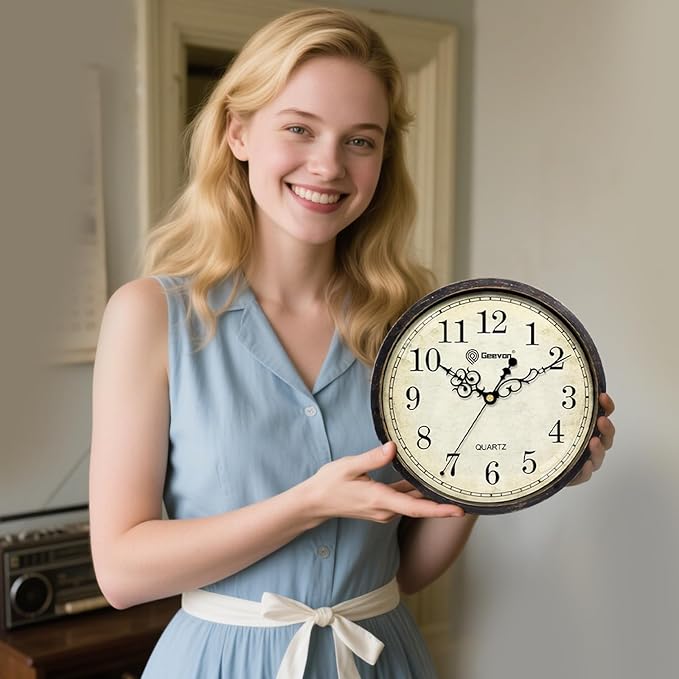 Geevon Vintage Wall Clock 10" Silent Non-Ticking Retro Round Quartz Battery Operated Decorative Clock for Kitchen, Living Room, Bedroom, Office, Classroom