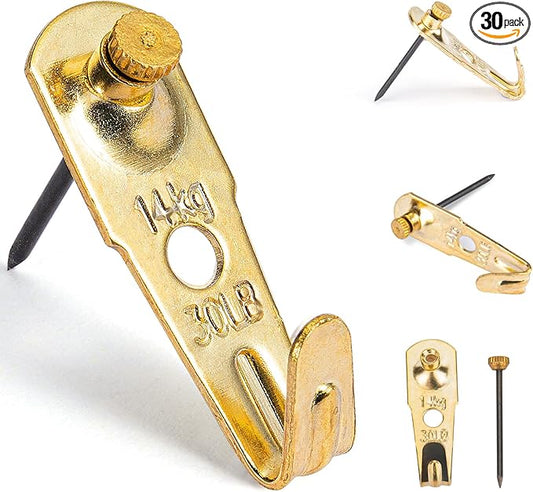 30 lb Picture Hangers (30 Set), Professional Hanging Hooks with Nails, Premium Drywall & Wooden Wall Picture Hangers