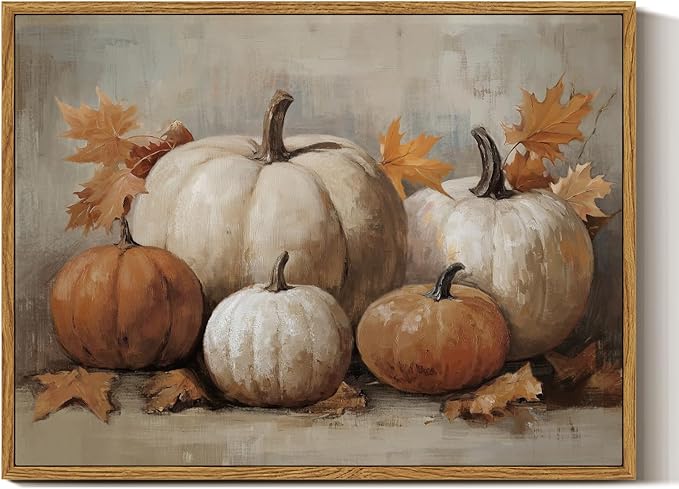 InSimSea Framed Canvas Wall Art Vintage Decor, Fall Pumpkin Wall Decor for Living Room Bedroom Bathroom, Rustic Autumn Still Life Paintings Prints, Halloween Desk Decorations, 12x16inch