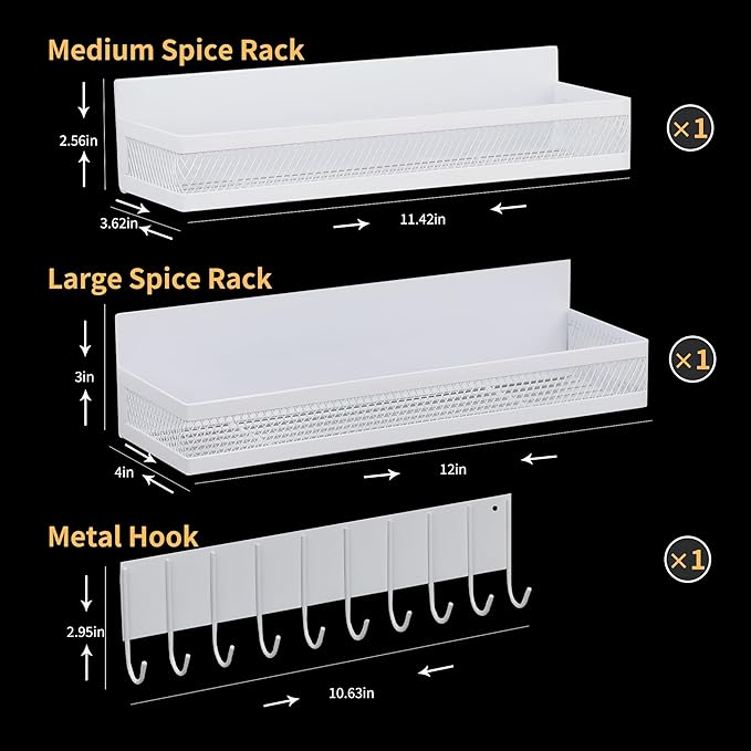 3-Pack Magnetic Spice Rack for Refrigerator, Moveable Shelf with 10 Hooks, Fridge Organizer for Kitchen Storage, White