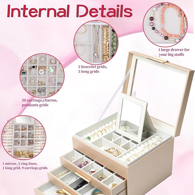 BOOVO Clear Lid Jewelry Box,4 Layers Jewelry Organizer Large Jewelry Storage Box with 3 Drawers,Jewelry Holder Organzier of Rings Earrings Necklace Bracelets for Women (Champagne, 4 Layer)