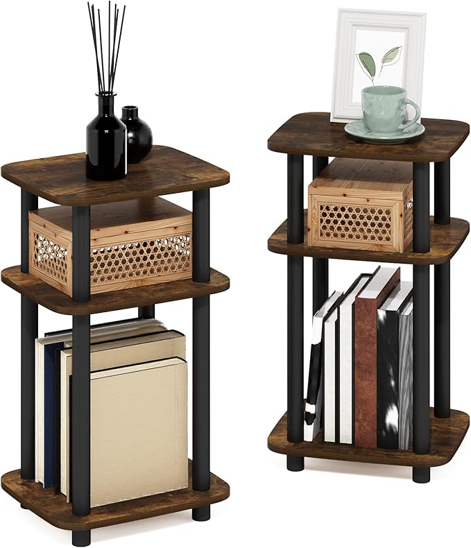 Furinno Just 3-Tier Turn-N-Tube Curve End Table, Side Table, 2-Pack, Amber Pine/Black