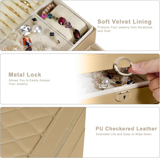 3-Layer Jewelry Box for Women, Earing Holder Jewelry Organizer and Storage with Removable Tray, Vintage Quilted Top Lockable Holder Gift Idea Champagne
