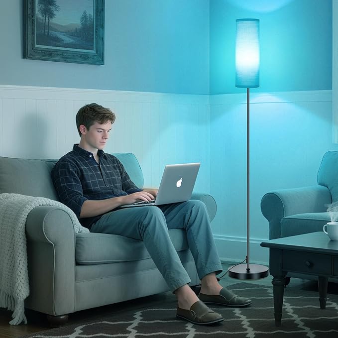 FRIDEKO HOME Floor Lamp with Turquoise Shade, Simple Design with Foot Pedal Switch, Small Tall Lamps for Living Room Bedroom, Corner Floor Stand Light with Black Pole Lamp (No Remote，No Bulb)